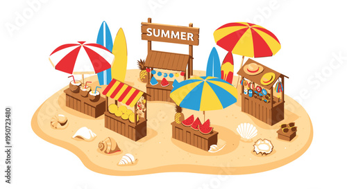 Vector illustration of summer beach stand with umbrellas and surfboards