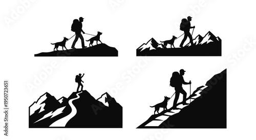 Hikers and dogs explore mountainous terrain in a bold silhouette