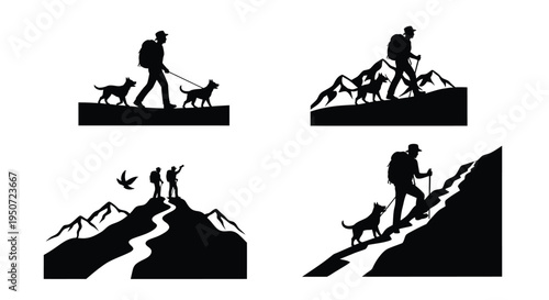 Hikers and dogs with canine companions in a striking black silhouette
