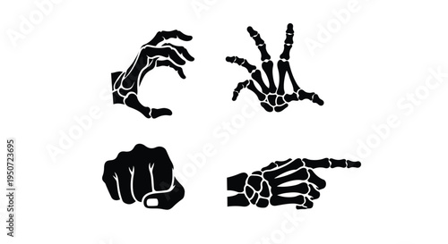 Four skeletal hand gestures displayed in a stark black silhouette