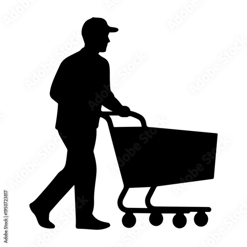 Man with baseball cap pushing shopping cart, silhouette vector illustration