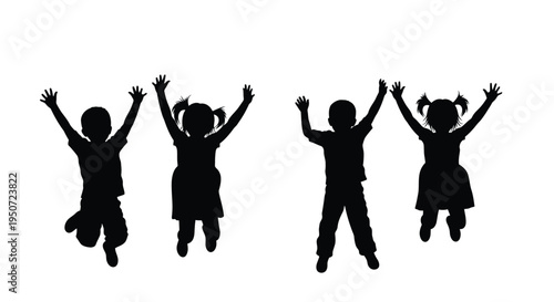Four joyful children jumping with arms raised a dark silhouette
