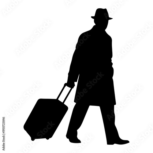 Silhouette man in hat and coat pulling suitcase, vector illustration