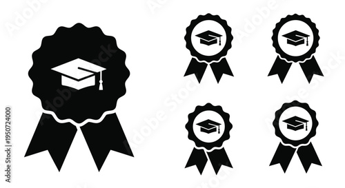 Graduation emblems and badges in black showcasing academic achievement silhouette