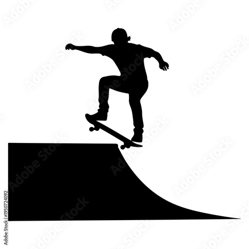 Silhouette of a skateboarder performing a trick on a ramp, flat design vector illustration