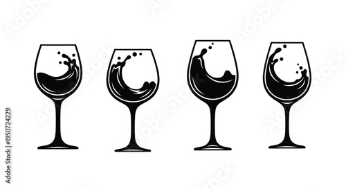 Four wine glasses with splashing liquid a striking black silhouette
