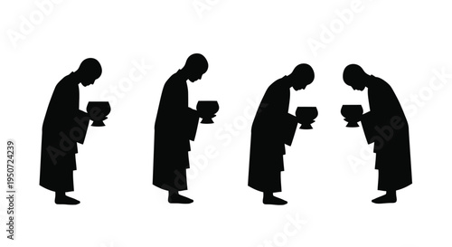 Four buddhist monks bowing with offerings in a dark silhouette
