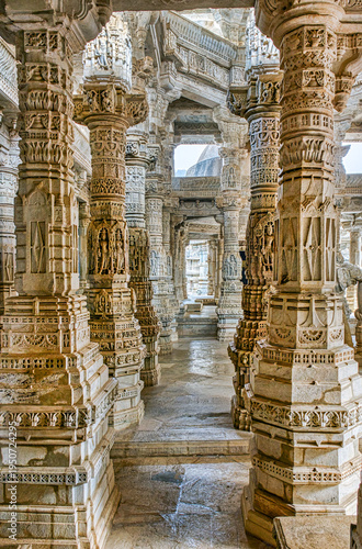 Ranakpur Jain Temple in Rajasthan, a 15th-century white marble masterpiece dedicated to Tirthankara Adinatha, famed for its Chaumukha design and 1,444 uniquely carved pillars symbolizing Jain devotion