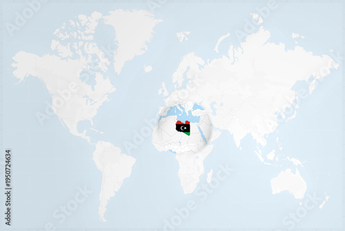 Libya Map with Flag in Magnifying Glass on World Map Background