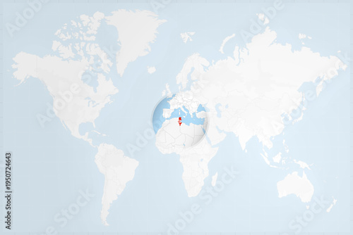 Tunisia Map with Flag in Magnifying Glass on World Map Background