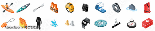 Comprehensive Collection of Kayaking and Water Sports Equipment Isometric Icons