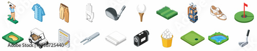 A comprehensive set of isometric golf icons featuring professional equipment, stylish apparel, diverse course elements, and a golfer, isolated on white.