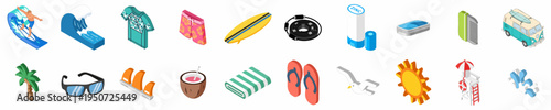Isometric Collection of Surfing and Beach Lifestyle Icons Including Surfer, Surfboard, Camper Van, and Summer Vacation Accessories on White Background