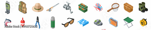 Comprehensive isometric vector set of fishing equipment, gear, and accessories, including a rod, reel, tackle box, vest, boots, net, and trout.