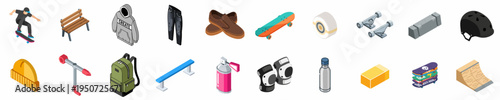 Isometric Collection of Skateboarding Equipment and Street Culture Icons Featuring Gear, Protective Wear, Tools, and Urban Skate Park Elements
