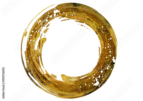 和風, 金, フレーム, メタル, 円, 円形, デザイン, イラスト, デコレーション, アンティーク、お正月、筆、質感、飛沫、水彩、水墨、日本、和柄、新年、年賀状、パーツ、アイテム