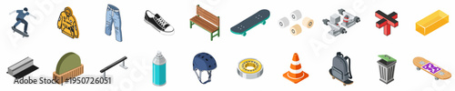 Isometric Skateboarding and Street Culture Vector Icons Set Featuring Skateboarder, Equipment, Apparel, and Urban Environment Elements.