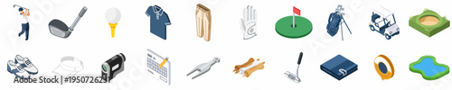 Comprehensive isometric icon set representing various golf equipment, apparel, and golf course elements for sports and leisure design.