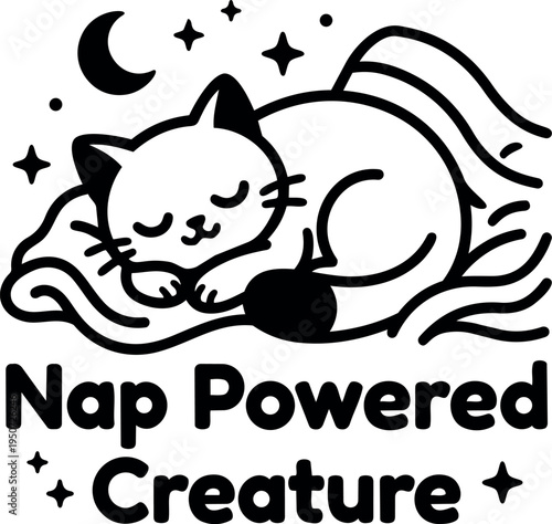 Cute sleeping cat curled up on cozy blanket with moon and stars nap powered creature cartoon vector art