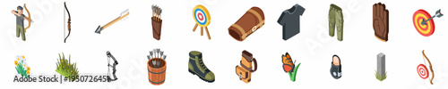 Isometric archery equipment and accessories icons set featuring bows, arrows, targets, and apparel for outdoor shooting sports.