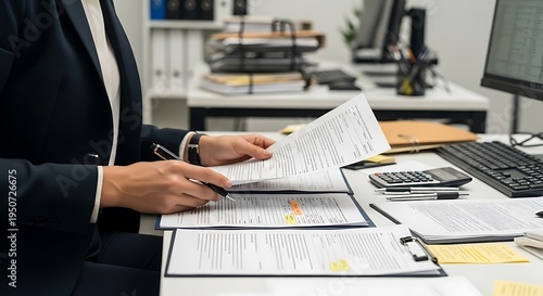 A person in a suit reviews documents at a desk in a well-lit office