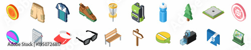 Isometric Collection of Disc Golf Equipment, Apparel, and Course Accessories Featuring Discs, Baskets, Clothing, and Park Elements