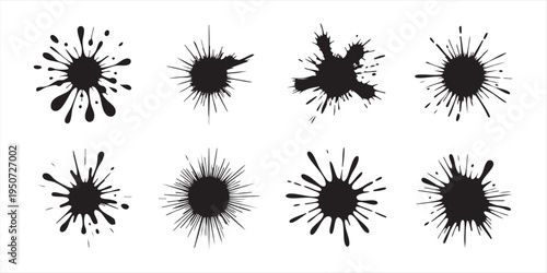 Set of ink splash blobs and black paint splatter icons isolated on white background vector designs
