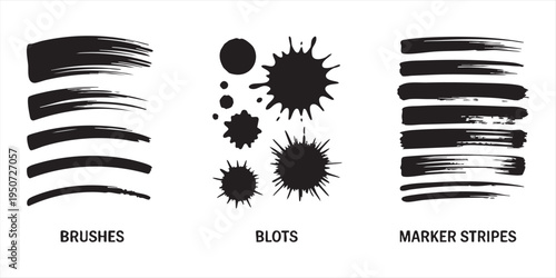 Artistic paint brushes blots and marker stripes set for digital painting and graphic design projects