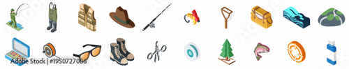 Isometric fly fishing equipment and icons set featuring fisherman rod reel flies waders vest net and outdoor nature elements on white background.