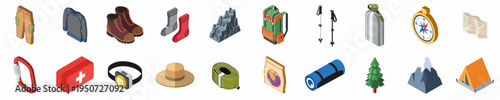 Comprehensive isometric set of hiking and camping equipment icons, including a backpack, tent, boots, and tools for outdoor adventure and mountaineering.