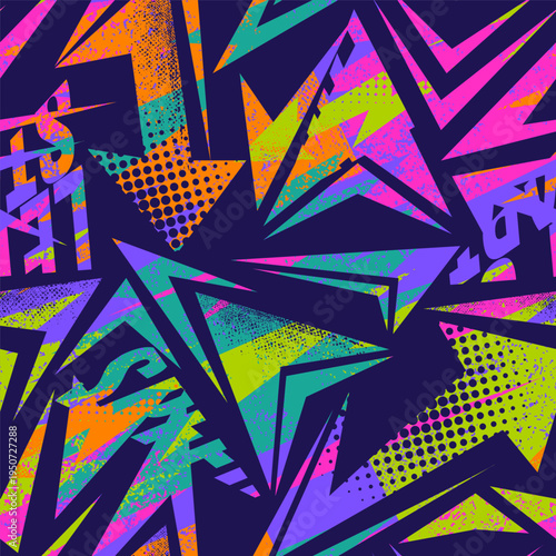 Abstract seamless chaotic pattern with urban graffiti elements, scuffed and sprays. Grunge neon texture background. Fashion womans sport style