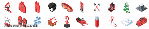 Isometric skiing and winter sports icon collection featuring equipment, apparel, gear, and mountain resort elements on a white background.