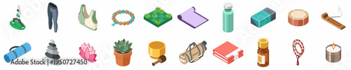Comprehensive Collection of Isometric Yoga, Meditation, and Wellness Icons Featuring Equipment, Apparel, and Spiritual Accessories for Healthy Lifestyle Design.