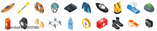Collection of Isometric Kayaking and Water Sports Equipment Icons Including Kayak, Paddle, Life Jacket, and Safety Gear