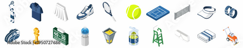 Set of Isometric Tennis Equipment and Gear Icons Including Racket, Ball, Player, Clothing, Court, Scoreboard, and Accessories on White Background
