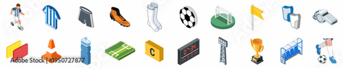 Isometric soccer icons collection featuring player, ball, jersey, cleats, goal, trophy, and various football equipment icons on a white background.
