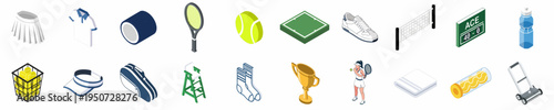 Comprehensive Isometric Tennis Equipment and Sport Accessories Icon Collection