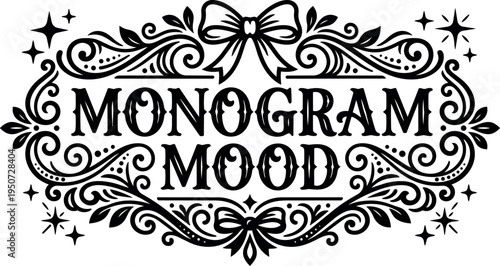Vintage style ornamental monogram mood design with decorative bows leaves and swirling floral elements in black vector art