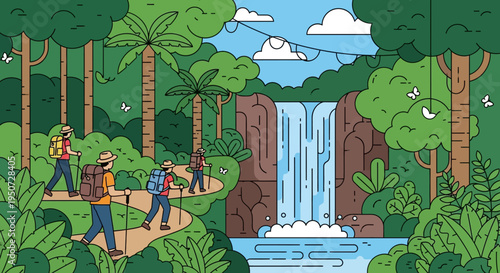 Hikers approaching waterfall in lush green forest