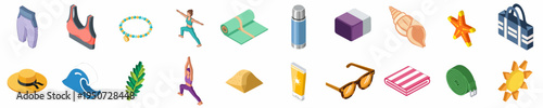 Isometric icon set of yoga and beach accessories, including sports wear, equipment, sun protection, and coastal elements on a white background.