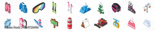 Set of Isometric Icons Representing Winter Sports Equipment, Clothing, and Mountain Resort Facilities for Skiing and Snowboarding Activities.