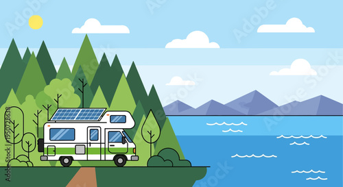 Eco friendly RV with solar panel on serene lake shore