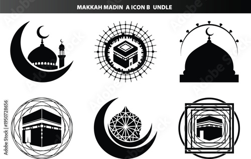 Islamic makkah madinah icons kaaba and mosque designs bundle with middle east