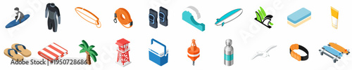 Isometric Surfing and Beach Gear Icon Set Featuring Surfboards, Wetsuit, Lifeguard Tower, Palm Tree, and Various Coastal Sports Equipment for Summer Vacation Design.