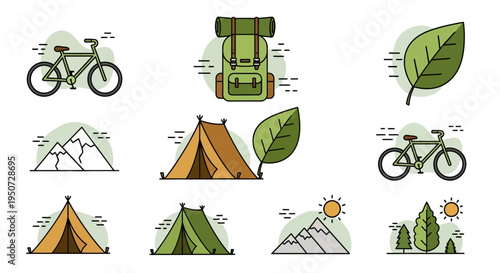 Camping icons with bicycles and nature elements