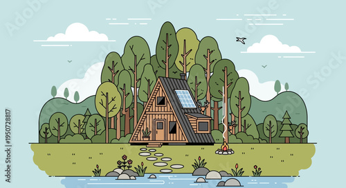 Eco friendly A-frame house with solar panel in woods