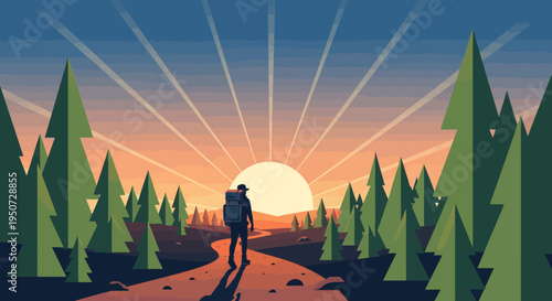 Hiker walking on forest path towards sunrise