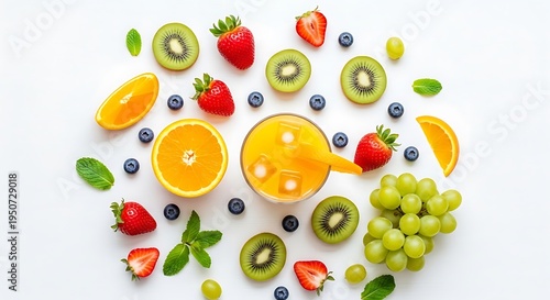 Vibrant assortment of fruits and juice composition on white backdrop