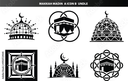 Makkah madinah islamic icons kaaba and mosque silhouette bundle with middle east
