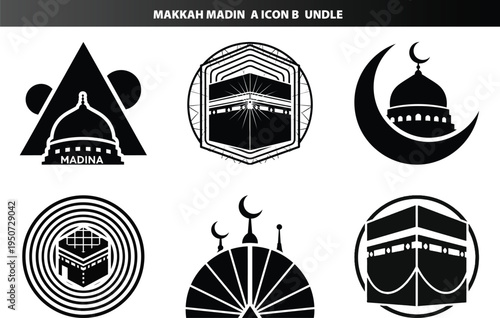 Makkah madinah icon bundle with kaaba and mosque designs with holy sites